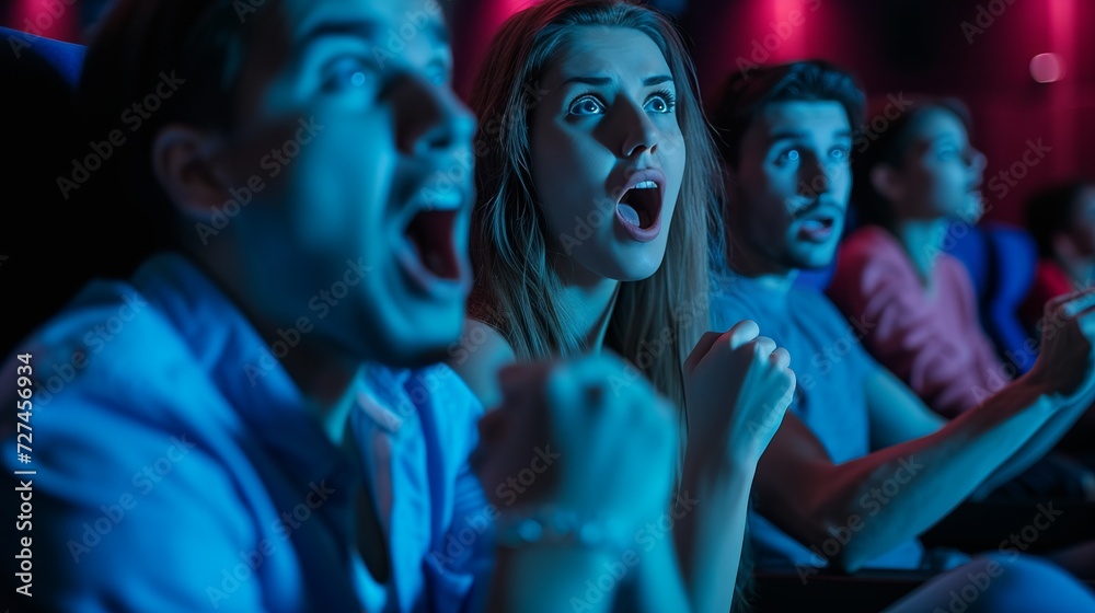 Young scared couple at the cinema watching an horror movie and screaming, she is holding her boyfriend's hand 