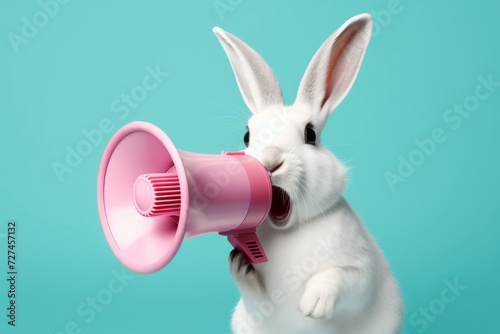 Easter Bunny holding megaphone and roaring on turquoise blue background. Easter advertising concept