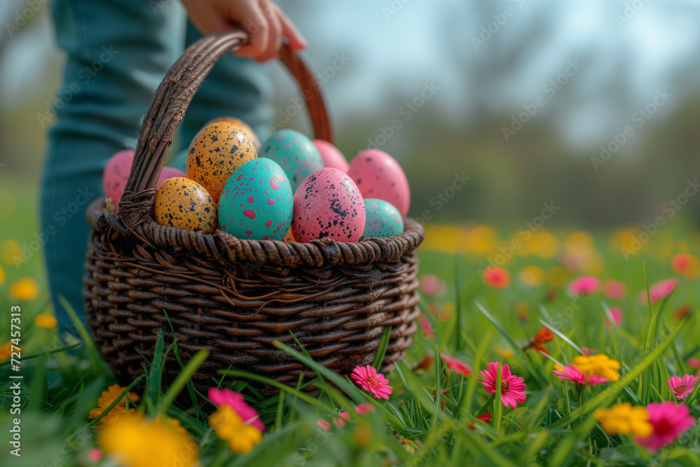 Basket full of Easter eggs by a child, game of search and find in Holy Week activities