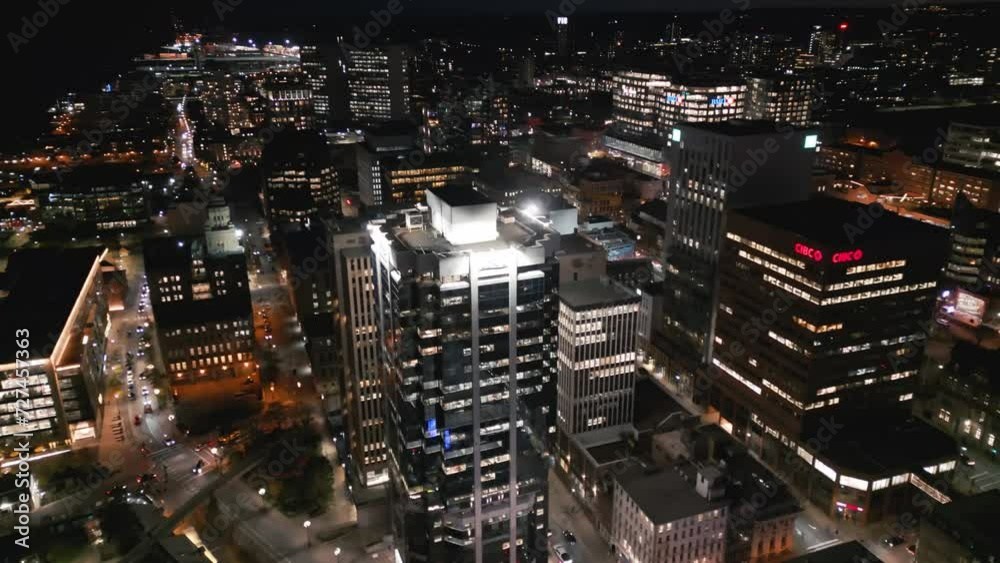 Cinematic drone shot of the Halifax cityscape at night. Aerial view of Halifax entertainment and business districts, city skyline with skyscrapers at night Cinematic drone shot of the Halifax cityscape at night. Aerial view of Halifax entertainment and business districts, city skyline with skyscrapers at night