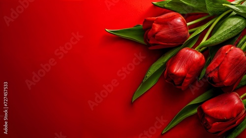 Red roses on red background with empty space for text for Valentines Day