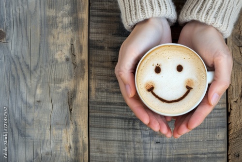 Woman hands holding coffee cup with happy face drawn on coffee. 