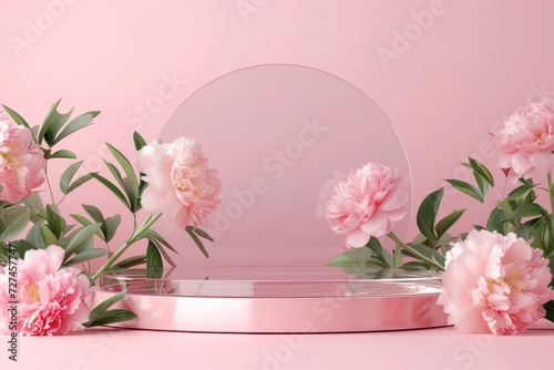 Pink podium platform with flower stand for beauty product presentation background.