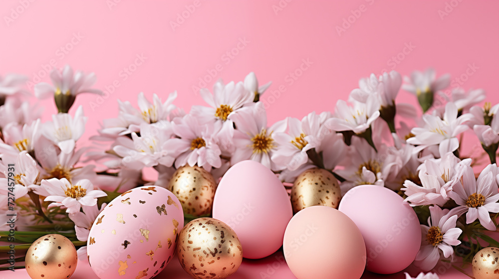 White and gold Easter eggs on a pink background surrounded with spring flowers
