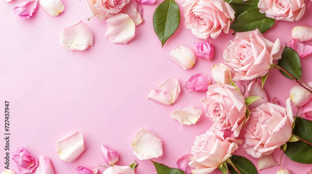 Pink roses on a pink background with empty space for text for Valentines Day
