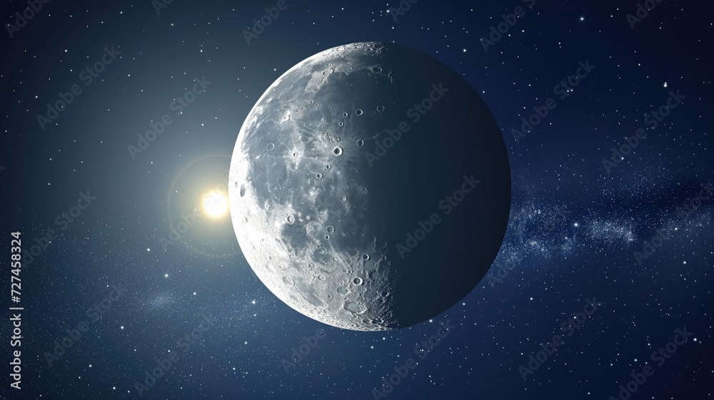 The bright side of the moon, illuminated by the sun's rays, viewed from space, surrounded by stars and an infinite universe. Universe science astronomy space background wallpaper