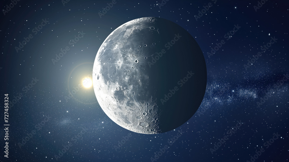 Obraz premium The bright side of the moon, illuminated by the sun's rays, viewed from space, surrounded by stars and an infinite universe. Universe science astronomy space background wallpaper