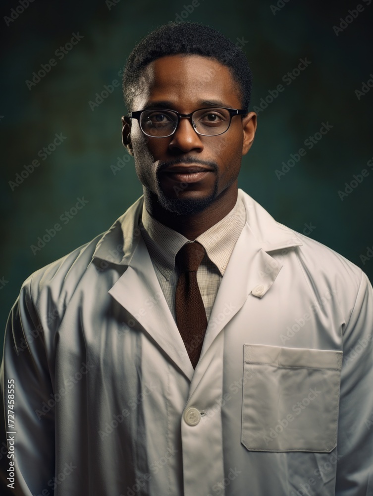 African American man student scientist or doctor, wearing a white gown, standing, looking and smiling. science and study African American man student scientist or doctor, wearing a white gown, standing, looking and smiling. science and study