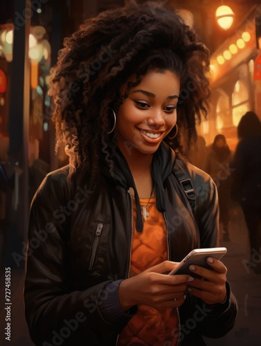 Happy african american young woman holding a smartphone in his hands. girl with afro hairstyle and gadget. online
