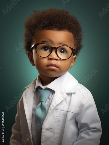 African American boy, child student scientist or doctor, wearing a white gown, standing. science and study