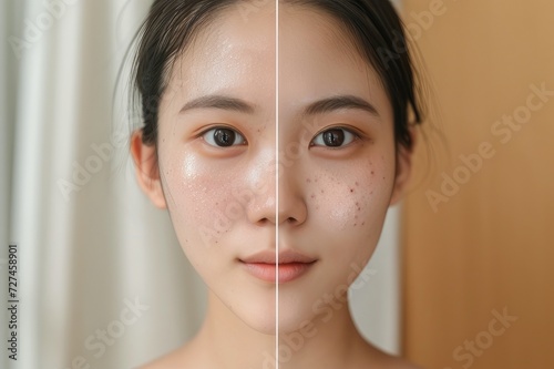 Closeup skin face texture before and after facial treatment problem of spot acne blackheads on forehead young Asian woman background . Problem skincare and beauty concept. 