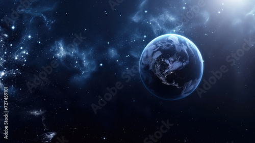 Infinite dark universe and a planet earth in galaxy nebula and starry cosmos. Universe science astronomy space background wallpaper