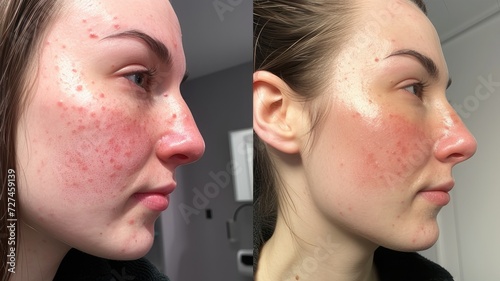 Rosacea couperose redness skin treatment, before and after result of IPL laser treatment, red spots on cheeks, young woman with sensitive skin, patient face close-up 