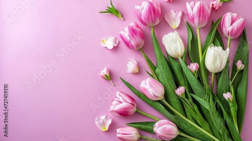 Bouquet of flowers on pinkb ackground with empty space for text for Valentines Day