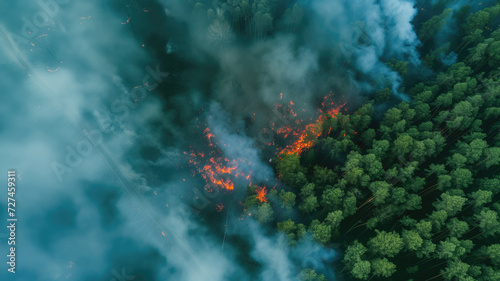 Top aerial view of much smoke around forest fire and burning green trees. The flames burning the green forest to the ground