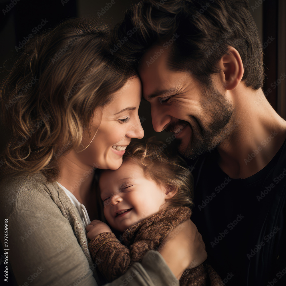 Happy parents with their newborn baby on a black background. Concept of family, parenting, baby care, Happy parents with their newborn baby on a black background. Concept of family, parenting, baby care,