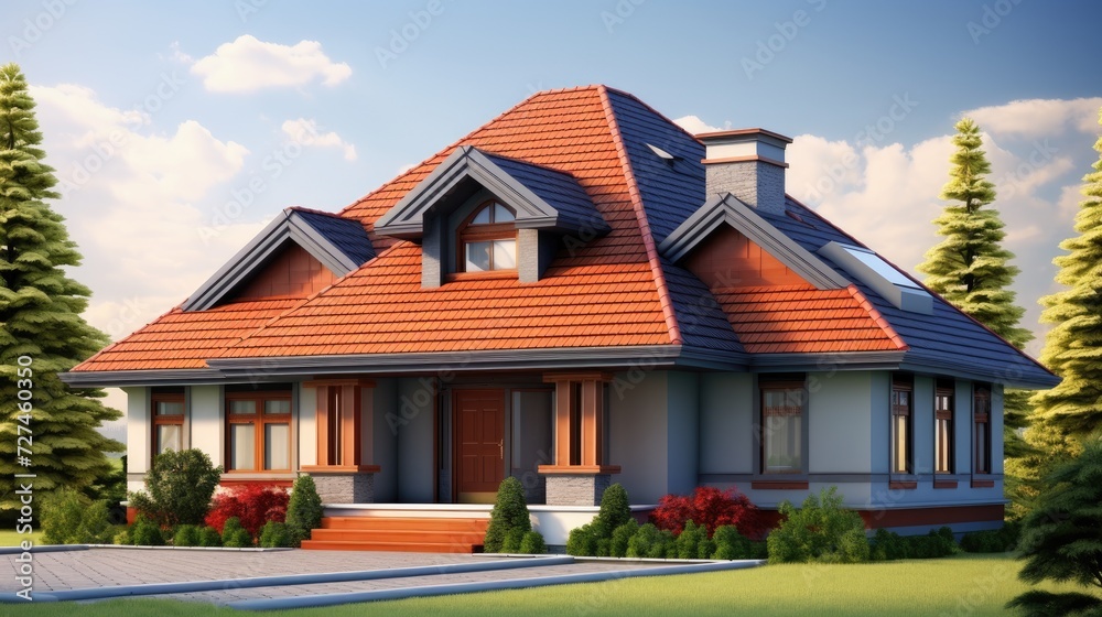 Hip roofs all around sloping roof style solid color background