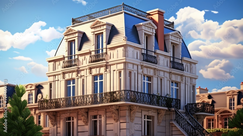 Mansard roofs french architectural style with steep slopes solid color background - obrazy, fototapety, plakaty 