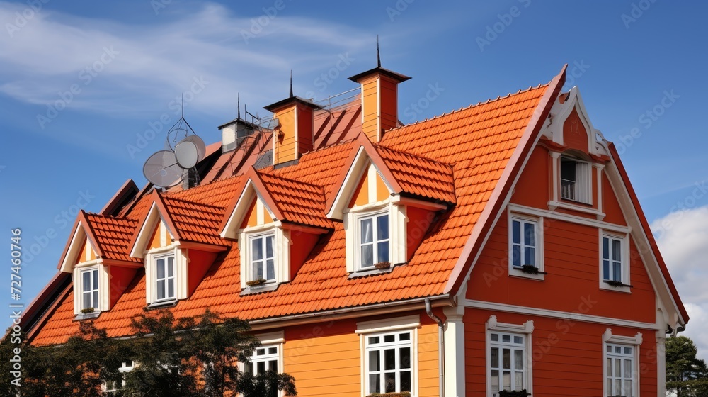 Mansard roofs steep sloping roof with dormer windows solid color background Mansard roofs steep sloping roof with dormer windows solid color background