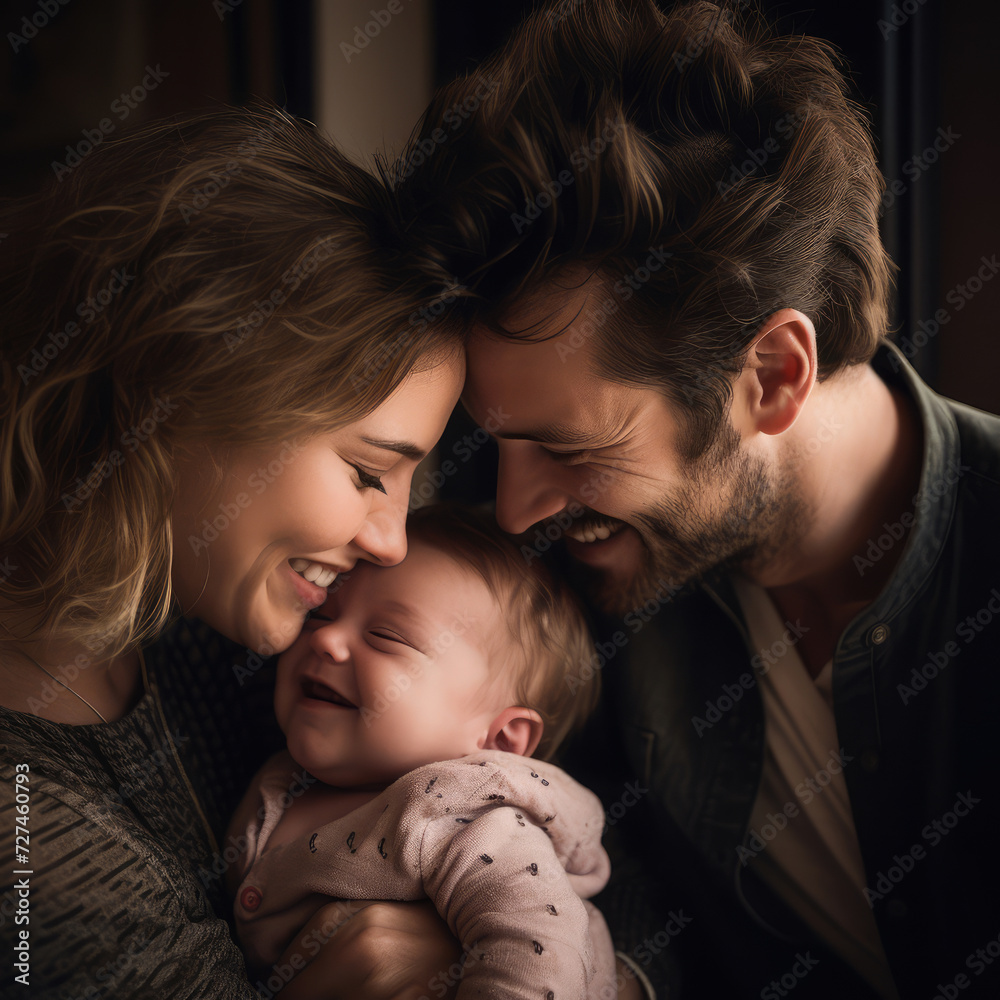 Happy parents with their newborn baby on a black background. Concept of family, parenting, baby care, 