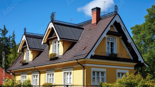 Mansard roofs steep sloping roof with dormer windows solid color background © Niki