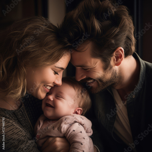 Happy parents with their newborn baby on a black background. Concept of family, parenting, baby care, 
