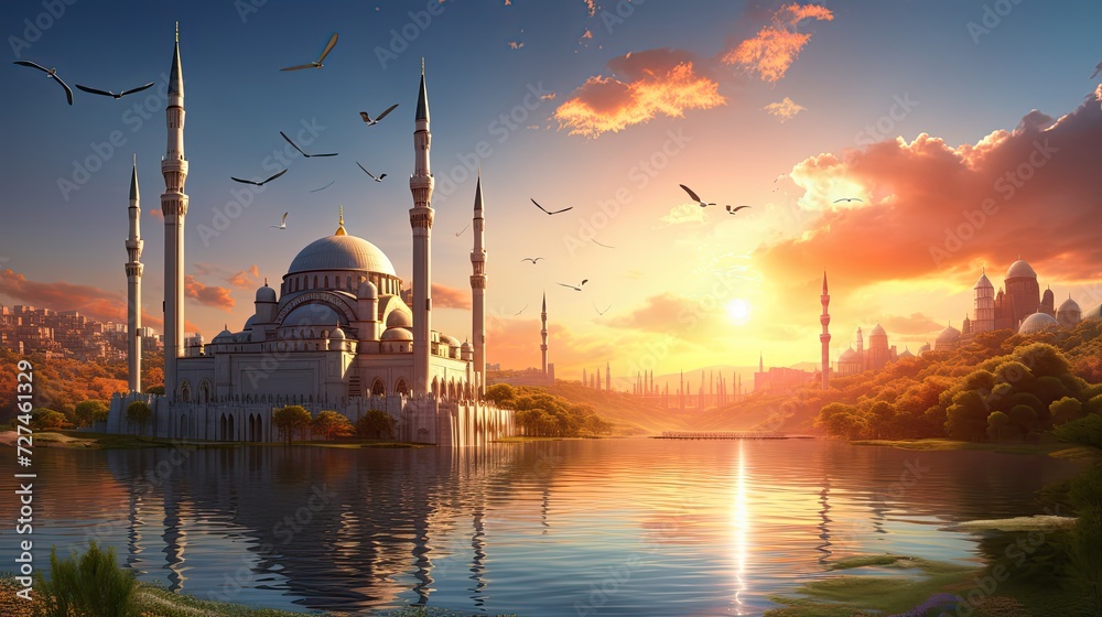 Fototapeta premium landscape with mosque against a sunset sky