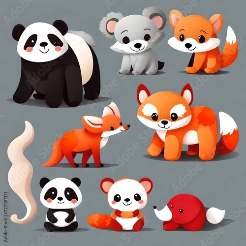 cutout set of panda, elephant and red fox stuffed fluffy plushie animal toys isolated on transparent png background for kids children bedrooms and kindergarten toddlers concepts 