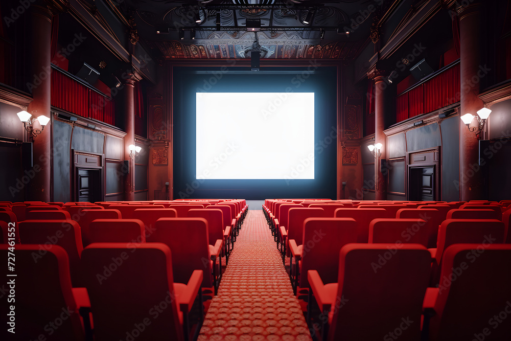  cinema theater with red seats and red curtains, blank glowing white screen