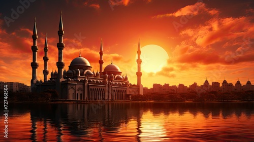 landscape with mosque against a sunset sky