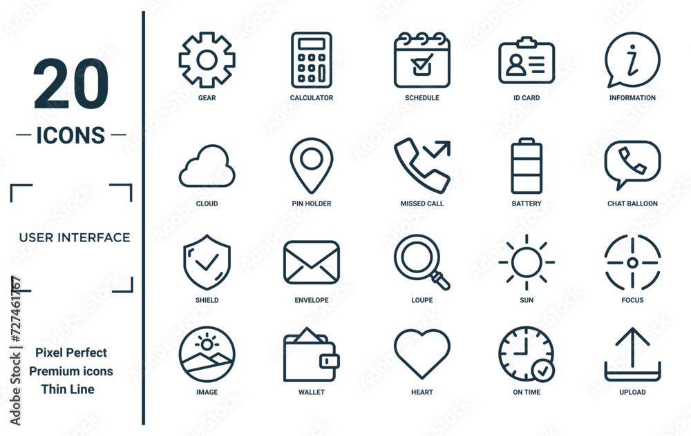 user interface linear icon set. includes thin line gear, cloud, shield ...