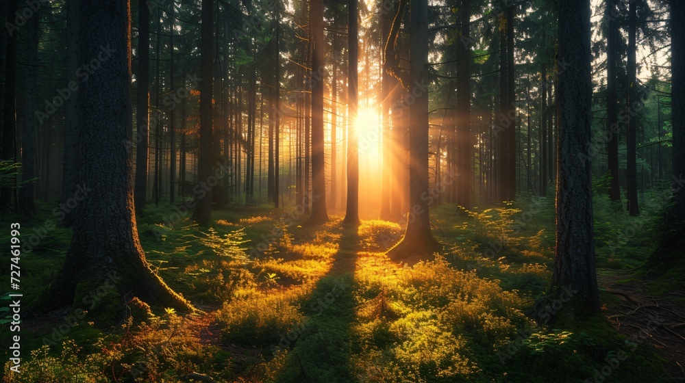 Obraz premium Serene forest scene with sun rays breaking through the canopy, illuminating the vibrant green flora
