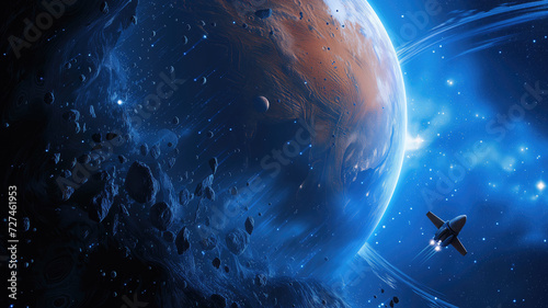 Space ship flying across infinite universe in dark blue colors near huge planet Mars. Universe fantasy astronomy space background wallpaper. High quality illustration photo
