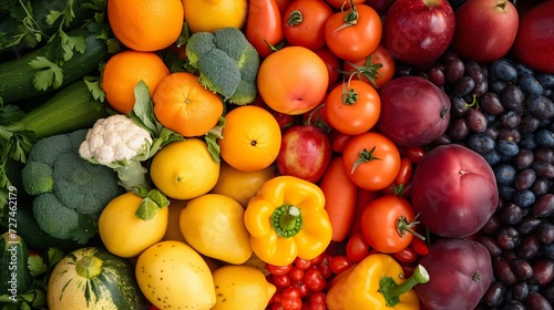 Fresh fruits and vegetables assorted on a grey background, mix of colors and textures, including berries, citrus, and greens