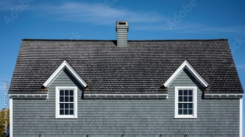 Saltbox roofs asymmetrical roof design with a long sloping back solid color background © Niki