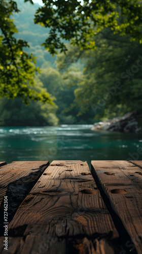 a wooden table with trees and river © Lin_Studio