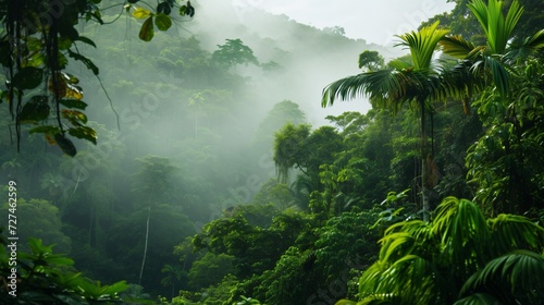 Rainforest with shafts of sunlight illuminating the moist air and greenery