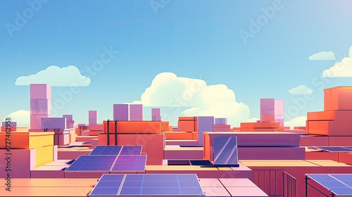 Urban rooftop solar panels solid color background