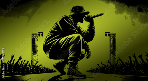 Chanteur hip-hop sur scène accroupi