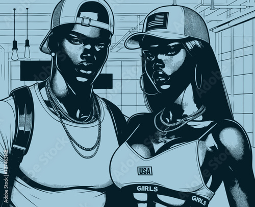 Dessin d'un couple de jeunes américains habillés en streetwear - style hip-hop