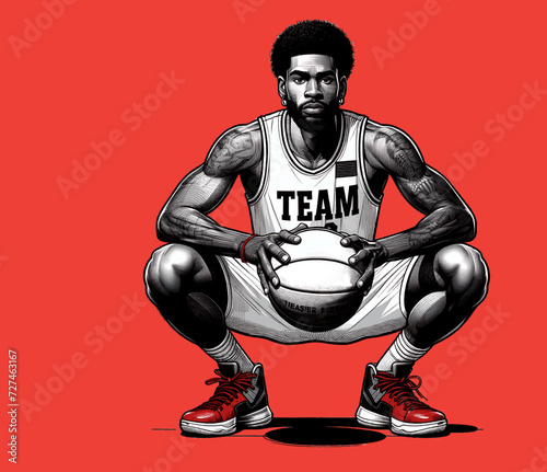 Basketteur afro-américain accroupi - Fond orange neutre