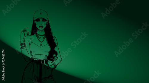 Femme de culture hip-hop sur une fond vert neutre avec une lumière 