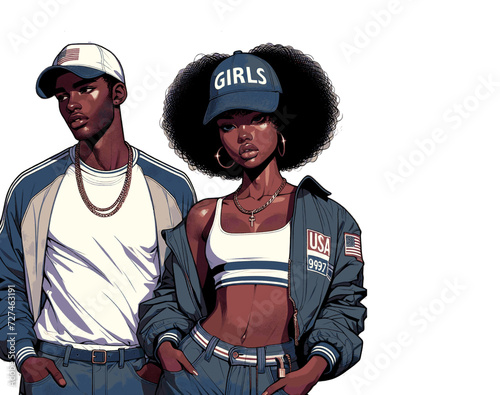Dessin d'un couple de jeunes américains habillés en streetwear - culture hip-hop