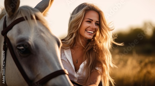 Portrait of a beautiful blonde girl with a horse in the park