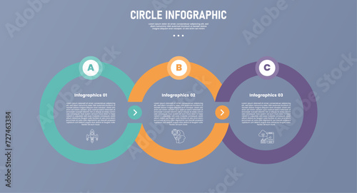 3 point circle infographic stage or step template with big outline shape join linked with circle top badge for slide presentation