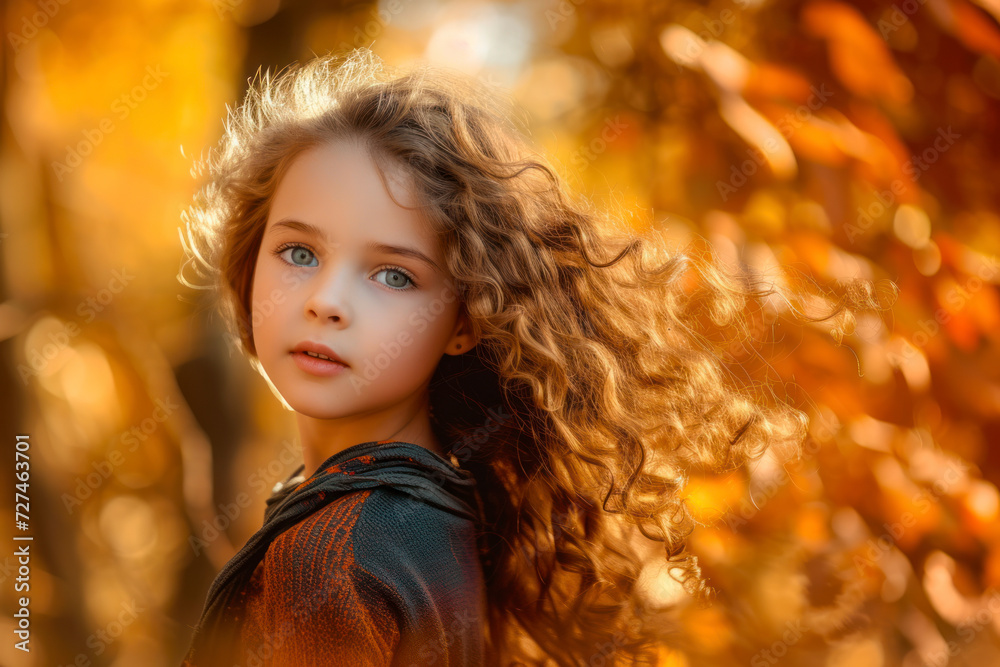 Young girl with long curly hair playing outdoors in autumn forest. Young girl with long curly hair playing outdoors in autumn forest.