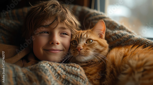 A wonderful friendship between a cute boy and a beautiful yellow cat to mutual satisfaction