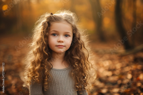 Young girl with long curly hair playing outdoors in autumn forest.
