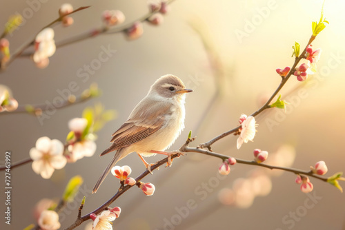 A bird on a branch with just opened buds into a flower.