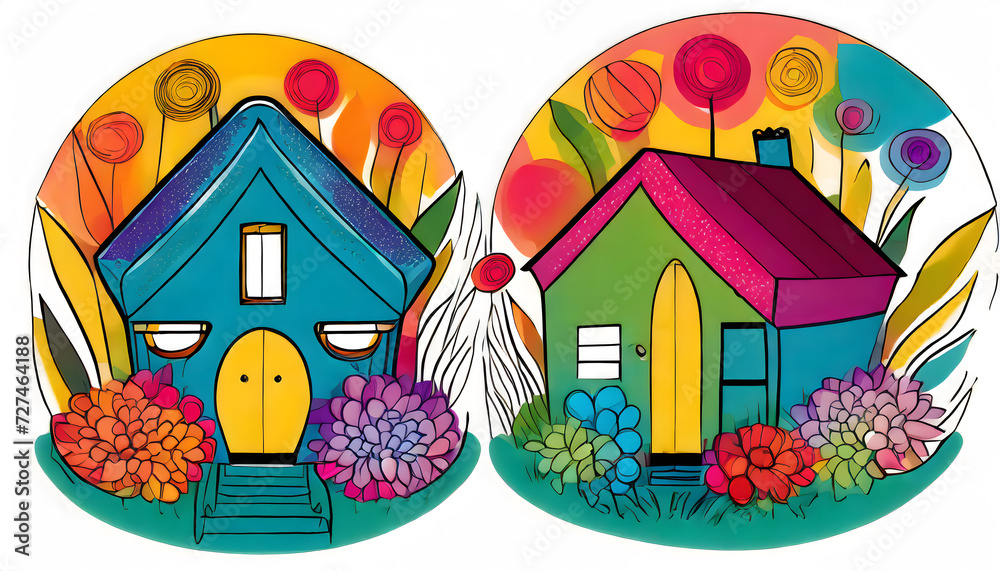 Zwei abstralte bunte Tiny Häuser in einem Garten
